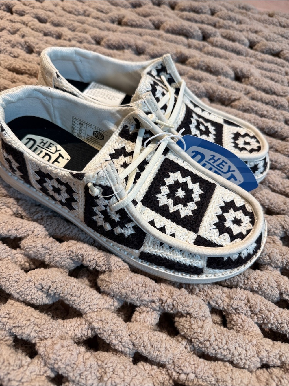 Hey Dude Black & White Crochet Pattern Slip-On Shoes